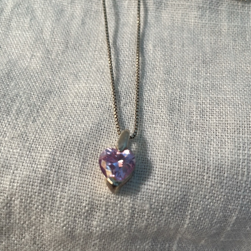 Lavender CZ Heart Set in 925 Silver Chain is 925 Italian Silver - Picture 2 of 4